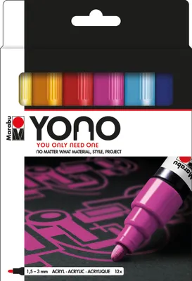 Produktbild von Marabu YONO, Schwarz, Blau, Bordeaux, Braun, Grau, Magenta, Orange, Weiß, Gelb, Mehrfarbig, 12 Farben, Tube, 1,5 mm, 3 mm