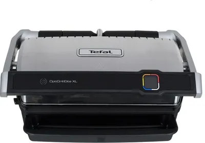 A close-up, front-facing view of a Tefal OptiGrill Elite XL contact grill against a white background.