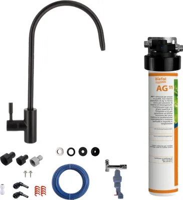 Produktbild von BieTal® Untertisch Wasserfilter Aktivkohle Set 1-Wege Hahn Schwarz Wasserstop