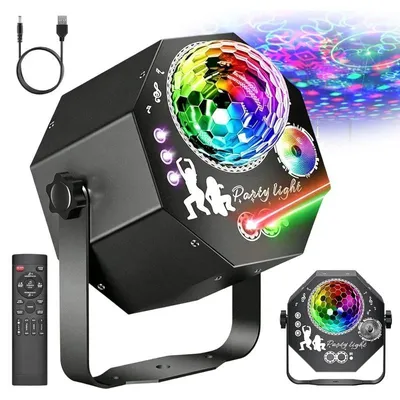 Produktbild von 4-in-1 RGB LED Partylicht mit Discokugel, 64 Lichteffekten, Musiksteuerung, Fernbedienung und USB-Stromversorgung