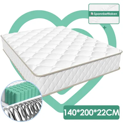 Image de Matelas à ressorts ensachés ergonomiques - Matelas à 7 zones - Matelas avec surmatelas - Matelas de fermeté moyenne - Drap-housse