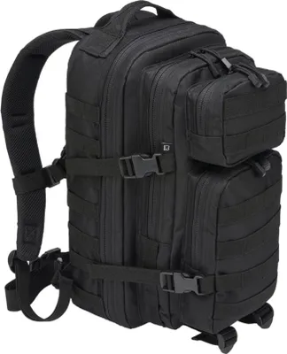 A black backpack is shown against a white background.