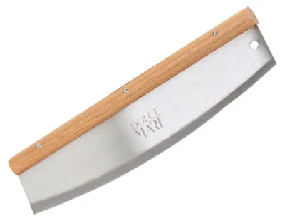 A pizza cutter with a wooden handle against a white background.