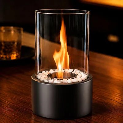 Immagine prodotto di ZMH Caminetto da tavolo a bioetanolo, dimensioni 12,3x21 cm, fiamma da tavolo, acciaio inossidabile, focolare in vetro, pietre decorative nere, portatile, per interni ed esterni, ideale per campeggio, feste ed eventi