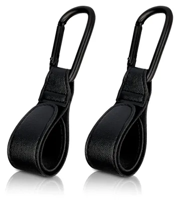 Produktbild von Kinderwagenhaken Clips, 2 Stück Buggy-Clips Träger für Kinderwagen, Taschenhalter aus Leder (Schwarz)