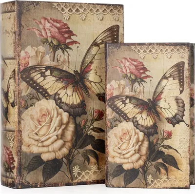 Produktbild von Buchhüllen Set „Schmetterling & Rosen“ - 2-teilig - Vintage Buchbox Geheimversteck - Deko für Wohnzimmer & Büro - 27,2x18x7 cm & 21,2x13x5 cm - Aufbewahrung & Geschenkidee