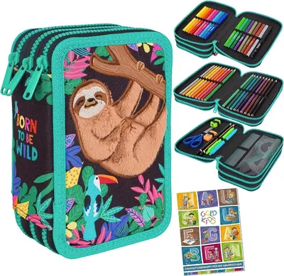 Produktbild von Federtasche 3-fache Federmappe Colorino Born to be wild Faultier Federmäppchen 46-teilig gefüllte Schüleretui Stifte und Pinsel inkl. Aufgabenheft Federbox Etui Stiftetasche Schlamper-Etui Schul-Etui