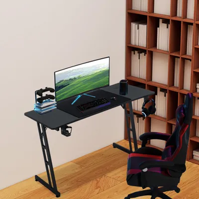 Produktbild von LZQ Gaming Tisch Gaming Schreibtisch mit Getränkehalter und Kopfhörerhaken 120x60x74cm Computertisch PC Tisch Ergonomischer Gamer Tisch für Home Office Studio (onhe LED)