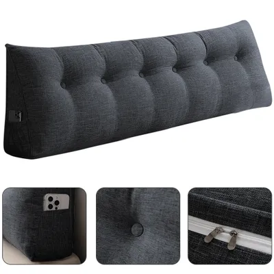 Produktbild von 180cm Keilkissen Bett Großes Rückenkissen Bett Lesekissen für Bett und Sofa,Bettkissen Wandkissen Bett Lendenkissen mit Seitentaschen Grau (Leinen)