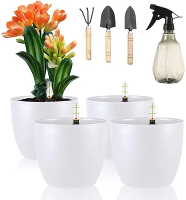 Produktbild von Unyqoos® 4er-Set selbstbewässernde Blumentöpfe Weiß 15,5 x 13 cm Kunststoff mit Wasserreservoir, Bewässerungssystem & Wasserstandsanzeige, auch für Hydrokultur