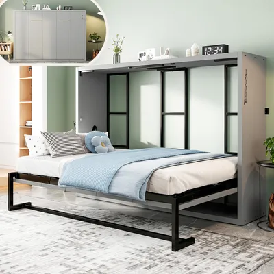Image de Lit escamotable mural Flieks, 140x200 cm, avec cadre en métal et plateau en bois, lit double escamotable avec fixation murale sécurisée, lit pour adolescents, couleur gris