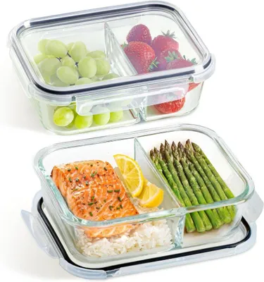 Produktbild von Glas-Meal-Prep-Behälter-Set mit 2 Behältern und 3 Fächern