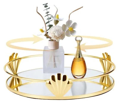 Produktbild von Drehbares Deko-Tablett, Rundes Spiegeltablett in Gold für Schminktisch und Kosmetikorganisation