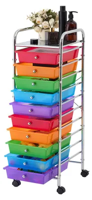 Produktbild von Schubladenwagen Rollcontainer mit 10 Schubladen - Mobiler Rollwagen 39,5 x 33,5 x 99 cm - Metallgestell - Mit Ablagefläche und Handgriffen - Lenkrollen mit Bremsen - Bunt
