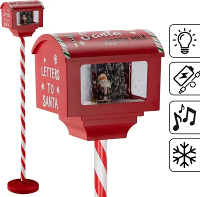 A red Christmas mailbox decoration with Santa inside, on a stand, with icons indicating features.