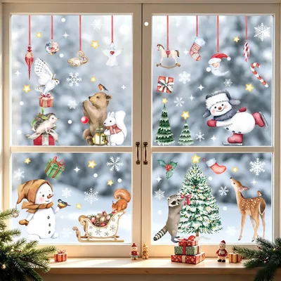 Productafbeelding van Kerstraamstickers - Set van 227 - Met winterbosdieren - Strikken - Sneeuwpoppen