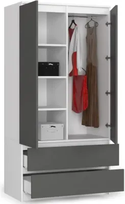 Obrázek produktu pro BDW, šatní skříň 2 dveře, 2 zásuvky, 180x90x51 cm, bílá / šedá