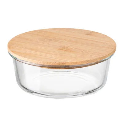 Imagen del producto de Recipiente de vidrio redondo de 1300 ml con tapa de bambú