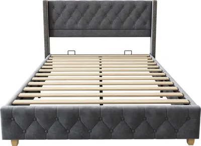 Produktbild von okwish Polsterbett 140×190cm Bettgestell Jugendbett mit Lattenrost & Kopfteil, Knopfpolsterung, Nietenpolsterung, Samt, Grau,Ohne Matratze