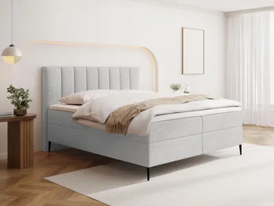 Produktbild von Boxspringbett mit Bettkasten – Polsterbett 140 x 200 cm mit H4 Taschenfederkern 7-Zonen Matratze & 5 cm Topper – Stauraumbett mit hohem Kopfteil & Metallfüße – Boucle Hellgrau, Grau