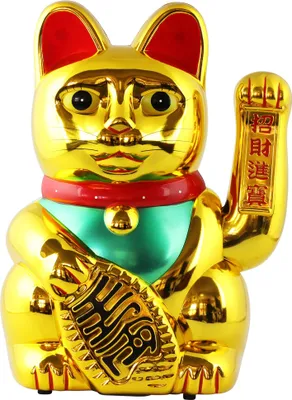 A golden Maneki Neko cat figurine.