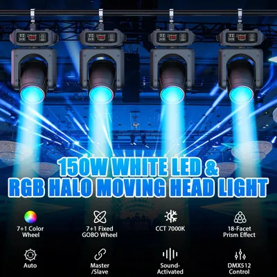 Immagine prodotto di Testa mobile a LED - Faretto da palcoscenico DMX 150W - LED bianco 80W + 21×0,3W RGB Halo - DMX512 e RDM - 14 canali - Auto/Sound/Master-Slave - 90-240V - Bianco caldo