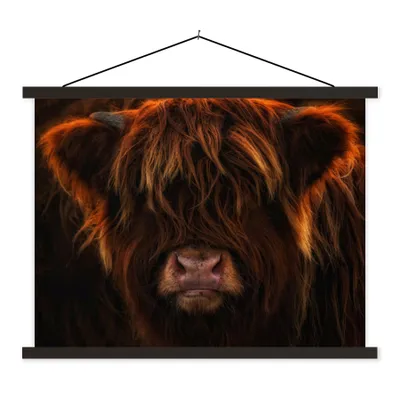 Produktbild von MuchoWow® Textilposter Schottischer Highlander - Kuh - Schwarz - Porträt 40x30 cm mit schwarzem Rahmen - Dekorationen
