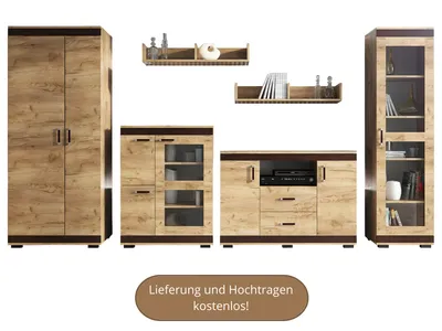A collection of modular furniture pieces including a tall cabinet, a media console, a display cabinet, and two wall shelves, all in a golden oak finish with dark brown accents.