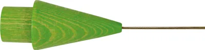 A close-up studio shot of a green wooden cone with a metal rod extending from its tip.