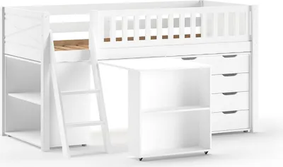 Produktbild von Kinderbett Karyl 208x114x135 Massivholz Weiß Regal Kommode