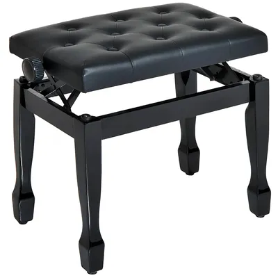 Image de Banc de piano - Tabouret de piano à hauteur réglable - Réglage de la hauteur de 45 à 55 cm - Assise rembourrée en similicuir - Pieds en bois - Piqûre bouton - 64 x 35 cm - 64 x 35 cm - Noir
