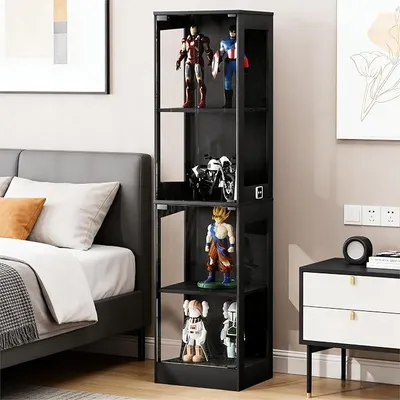 Productafbeelding van Glazen vitrine met LED-verlichting en intelligente sensoren, staande vitrine met 4 lagen, geschikt voor collectieobjecten in woonkamer, slaapkamer of kantoor, zwart, 40x35x165 cm