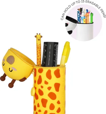 A cute, cartoon-style giraffe pencil case is shown open, with a ruler and pens inside. A circular inset shows a white pencil holder filled with colorful pens and a panda peeking over the edge.