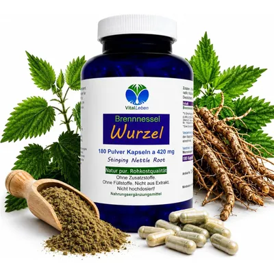 Produktbild von Brennnessel Wurzel 180 Pulver Kapseln zur FREUDE von BLASE & PROSTATA nach Hildegard von Bingen. KEIN Extrakt Natur Pur Ohne Zusatzstoffe.