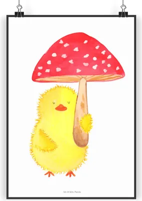 Produktbild von Mr. & Mrs. Panda Bild Küken Fliegenpilz DIN A3 - Weiß - Geschenk, drucke, Wandbild, Ostergrüße, Wanddekoration, Glückspilz, wanddeko, Frohe Ostern, Plakat