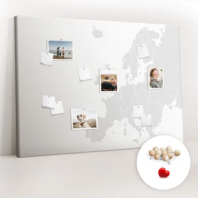 Imagen del producto de Tablero de corcho con chinchetas - Panel con chinchetas para fotografías y notas - 140x100 cm - 100 chinchetas de madera - Mapa de Europa