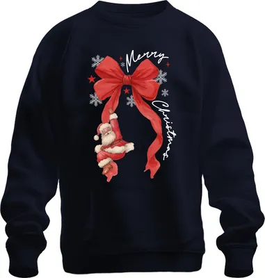 Produktbild von Merry Christmas Weihnachtsmann rote Schleife Schneeflocken Uni Sweatshirt Pullover, Navy, XXL