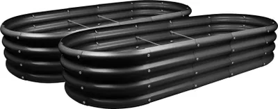 Two black, oval-shaped raised garden beds are shown against a white background.