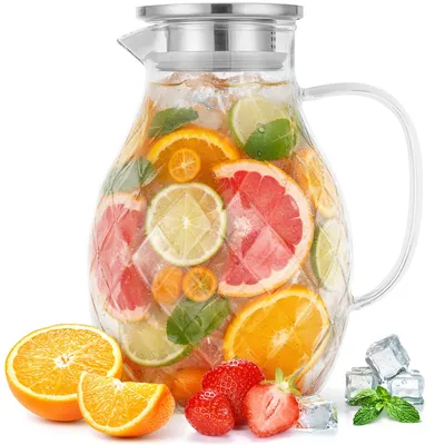 Produktbild von Glaskanne Wasserkaraffe Eistee Karaffe - 2 Liter - Borosilikatglas - Mit Ausgießer - Mit Deckel