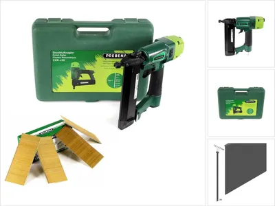 Produktbild von Prebena 2XR-J50 Druckluftnagler im Transportkoffer + Prebena Stauchkopfnägel Brads 50 mm 4000 Stück - aus verzinktem Stahl, geharzt