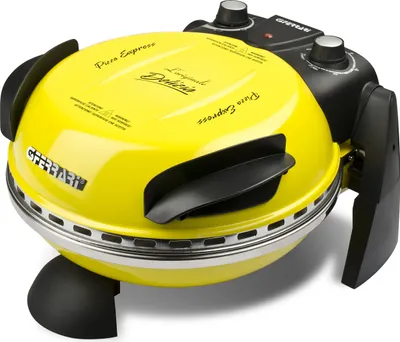 A yellow pizza maker on a white background.