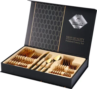 Produktbild von Besteckset 24-teilig – Edelstahl Tafelbesteck in Gold für 6 Personen, Geschenkbox