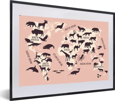 Produktbild von MuchoWow® MuchoWow® Gerahmtes Poster Weltkarte - Rosa - Tiere 60x40 cm - Poster mit zchwarzem Bilderrahmen - Schlafzimmer - Plakat in Rahmen - Drucken