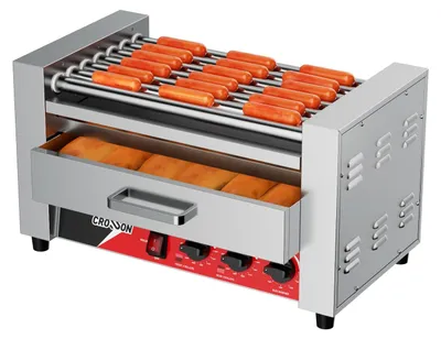 2-in-1 Hotdog-Grill 1350W, 7 RVS Rollen, Brötchenwärmer