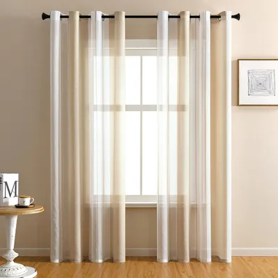 Produktbild von 2er Set Gardinen Gestreift Transparent mit Ösen Fensterschal Voile Vorhänge Wohnzimmer Vorhang Halbtransparent Streifen Beige Weiss 140x225cm