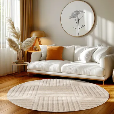 Produktbild von Homebyhome Hochflor Teppich Wohnzimmer Skandinavische Boho Design 3D Optik Teppich Shaggy Flauschig Weich, Grösse: 120 cm Rund