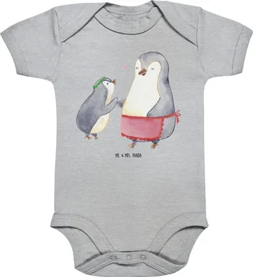 Produktbild von Mr. & Mrs. Panda Strampler Baby Pinguin mit Kind 12. - 18. Monat - Heather Grey - Geschenk, Mutter, Einteiler, Babybody, Muttertag, Babystrampler, Familie, Kurzarmbody