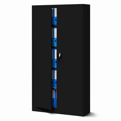 A black metal storage cabinet with its doors open, revealing several blue binders on shelves.
