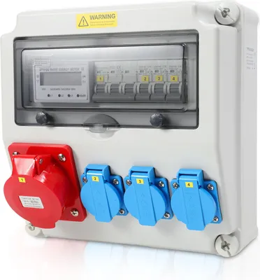 Immagine prodotto di Distributore di corrente da cantiere Jayseuw Distributore di corrente a parete con contatore elettrico trifase e MCB, a 5 poli con 3x prese Schuko e prese CEE 32A
