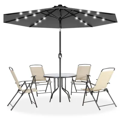 Image de Parasol - Modèle à manivelle - Diamètre 300 cm - Polyester - Éclairage LED - Inclinaison réglable à 30° - Protection UV 50+ - Gris foncé